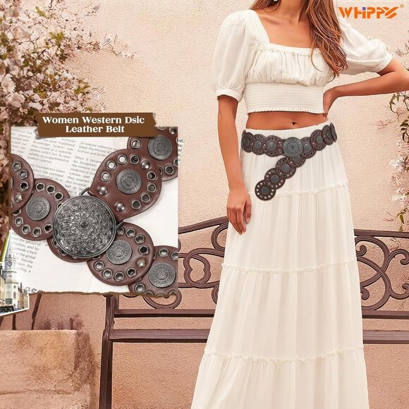 Women Vintage Disc Waist Concho Leather Belt Boho Waist Belt Brown Black Buckle - Picture 2 of 7